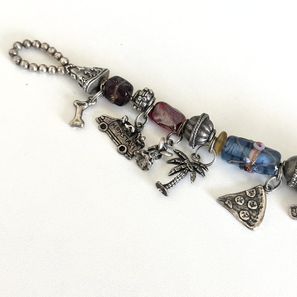 Vintage 925 Sterling Silver Garnet Murano Art Glass Loaded Charm Bracelet 7" - Picture 10 of 11